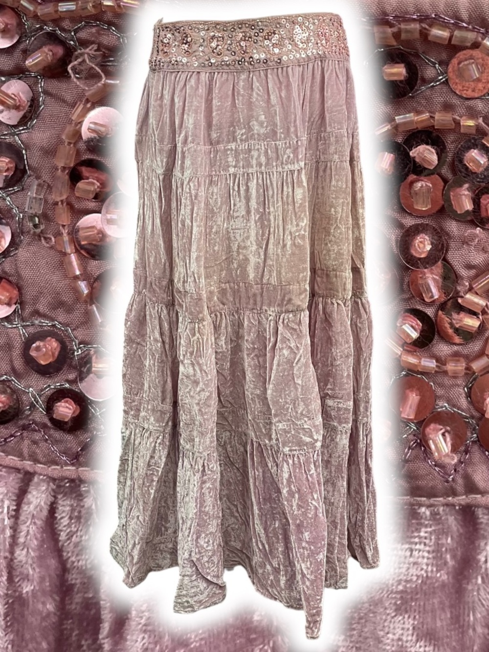 BCBGMaxazria Gypsy Skirt S Blush Pink Tiered Maxi Long Sequin Velvet BCBG Boho